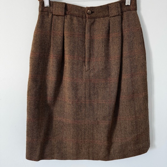 Vintage Ralph Lauren Wool Tweed Plaid Skirt 10 Brown Classic Pencil -Made in USA - Picture 1 of 7
